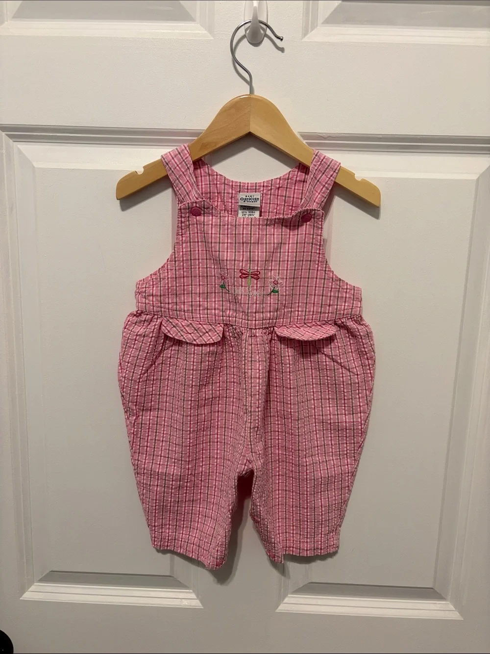 Vintage OshKosh B'gosh Pink Check Embroidered Baby Overalls
